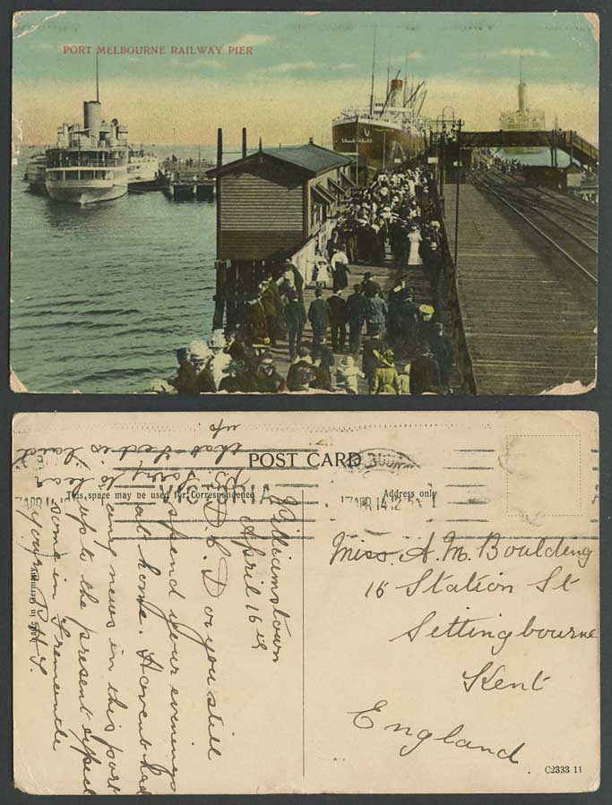 Australia 1914 Old Postcard PORT MELBOURNE, RAILWAY PIER Steam Ships Ferry Boats