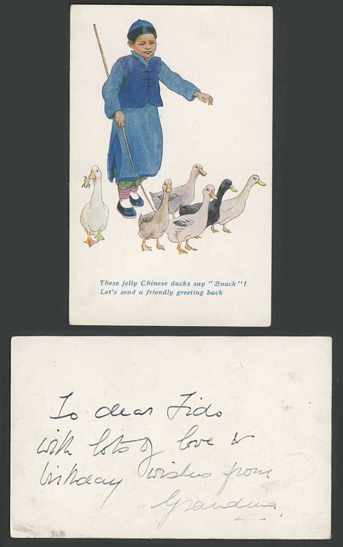 China Comic Old Postcard Boy Chinese Ducks say Quack Send friendly Greeting back