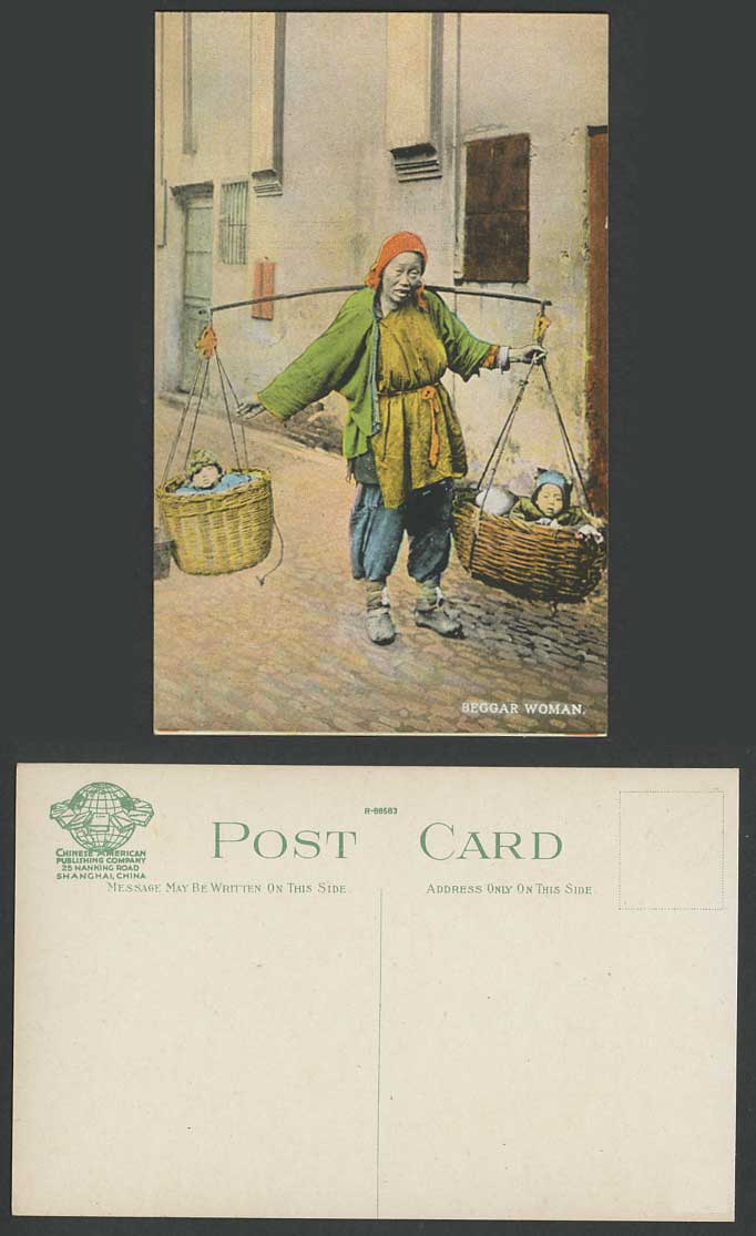 China Shanghai Old Postcard Chinese Beggar Woman Carrying 2 Babies in Baskets
