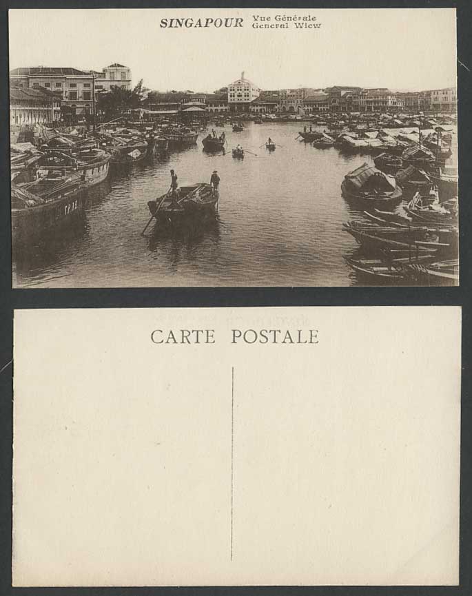 Singapore c1920 Old Postcard General View Native Sampans Boats Harbour Singapour