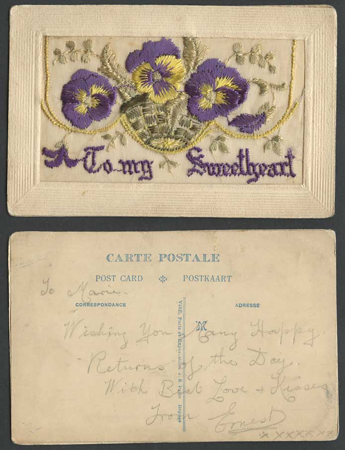 WW1 SILK Embroidered Old Postcard To My Sweetheart, Pansies Flowers Empty Wallet