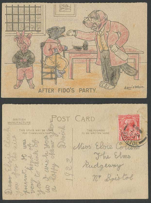 LOUIS WAIN Artist Signed, Dog Dogs, After Fido's Party 1923 Old Postcard Puppies
