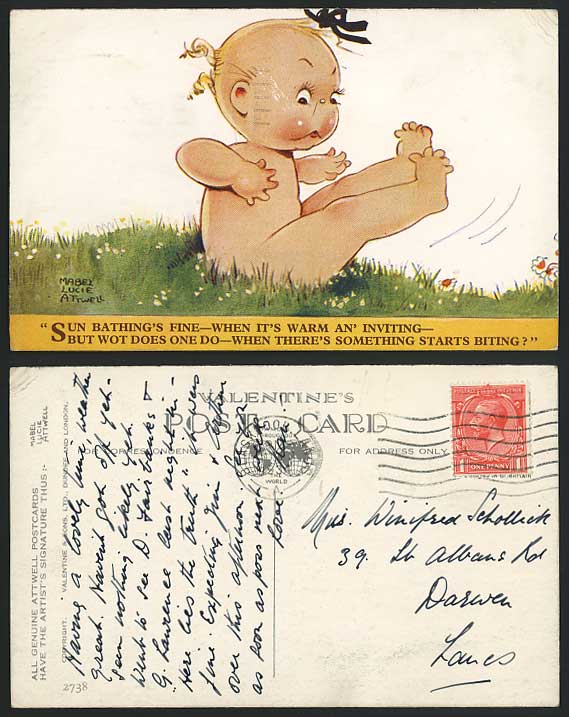 MABEL LUCIE ATTWELL 1934 Old Postcard Girl Sun Bathing When Warm & Inviting 2738