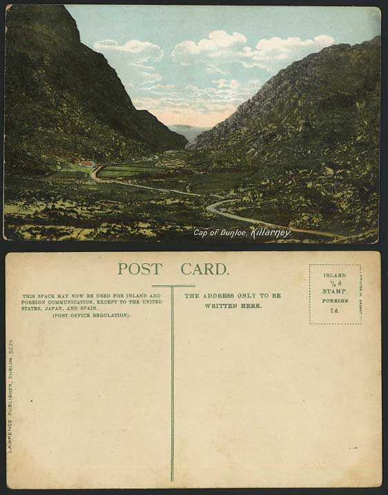 Ireland Old Postcard Killarney, CAP of DUNLOE Co. Kerry