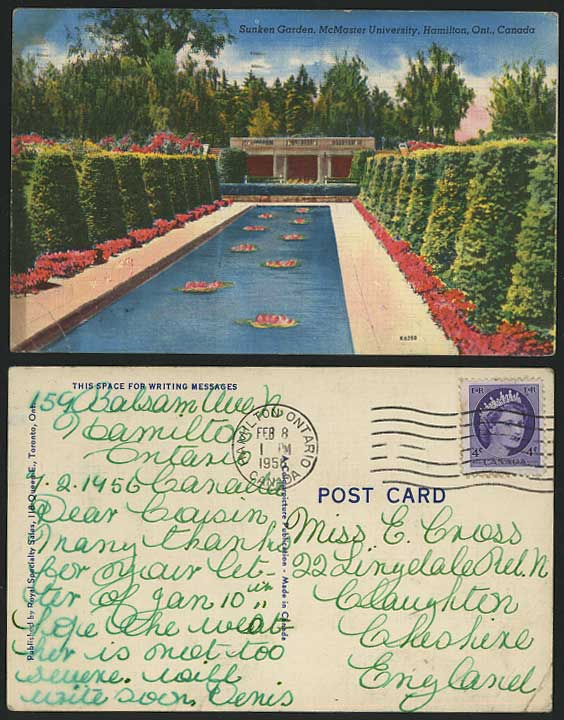 Ontario 1956 Postcard Sunken Garden McMaster University