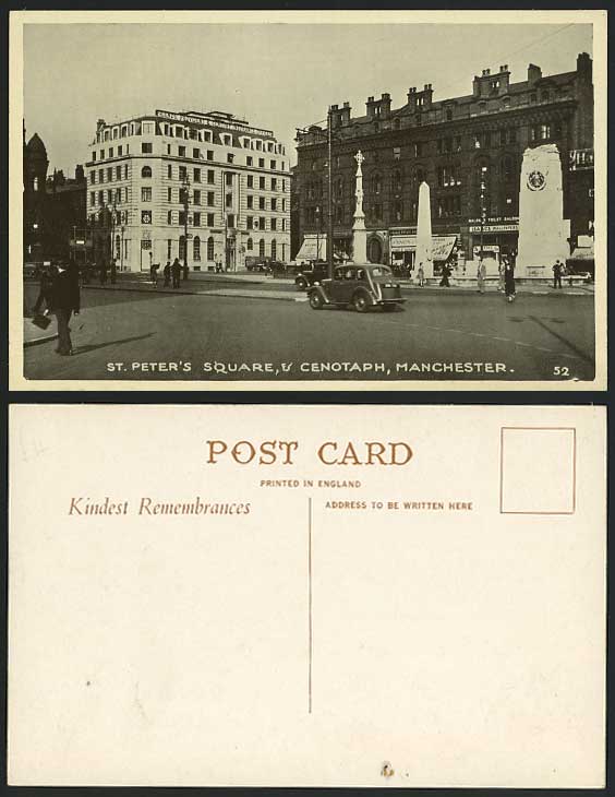 Manchester Old Postcard Cenotaph St. Peter's Square CAR