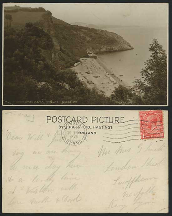 Devon Torquay ODDICOMBE BEACH 1928 Old Judges' Postcard