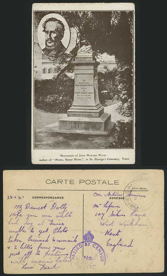 Tunis 1940 Postcard St Georges Cemetery JH Payne Statue
