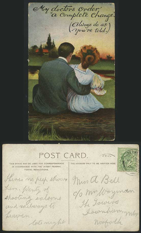 My Doctor's Order - A Complete Change 1909 Old Colour Postcard Romance Humour