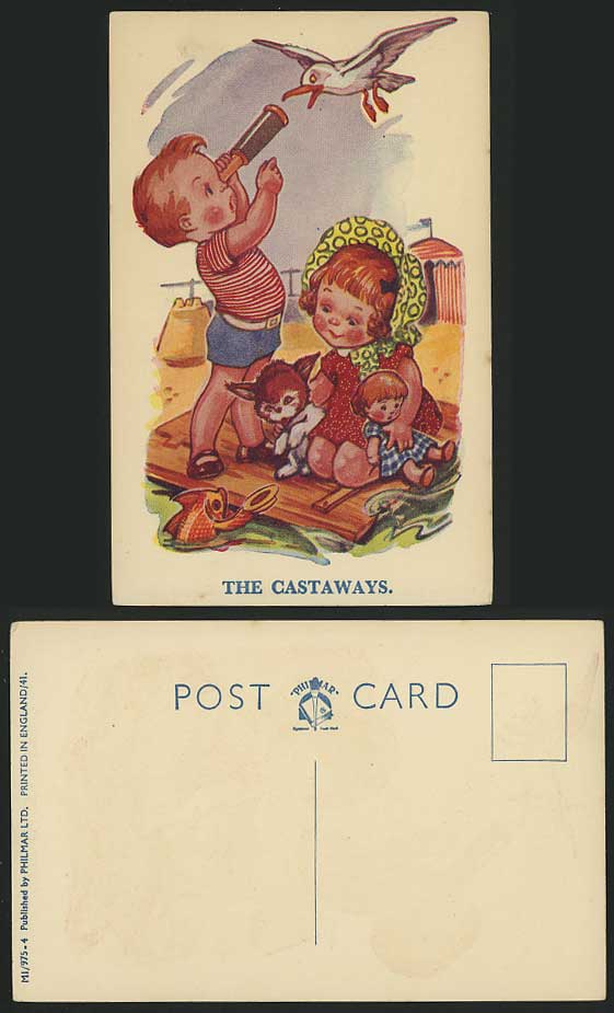 Comic - Castaways Fish Bird Boy Girl & Dog Old Postcard