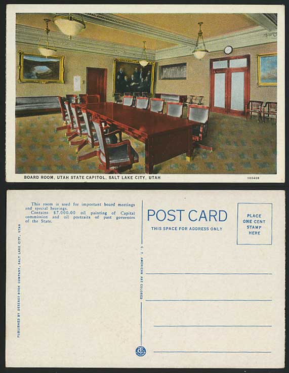 USA Utah State Capitol Board Room Interior Old Postcard