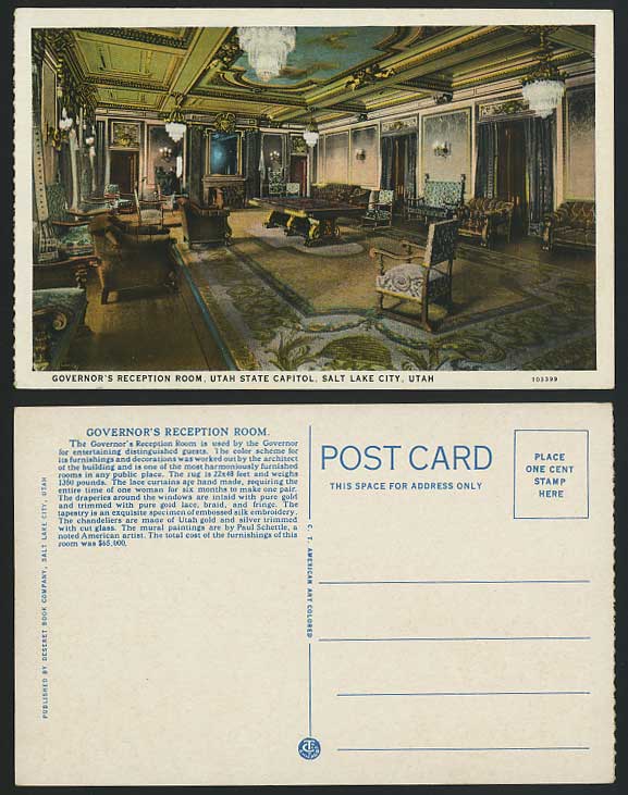 USA Utah Governor's Receiption Room Old Colour Postcard
