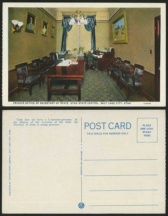 Utah State Capitol, State Secretary Office Old Postcard