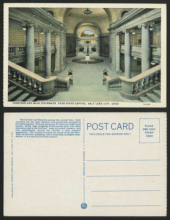 Utah State Capitol Corridor Main Stairways Old Postcard