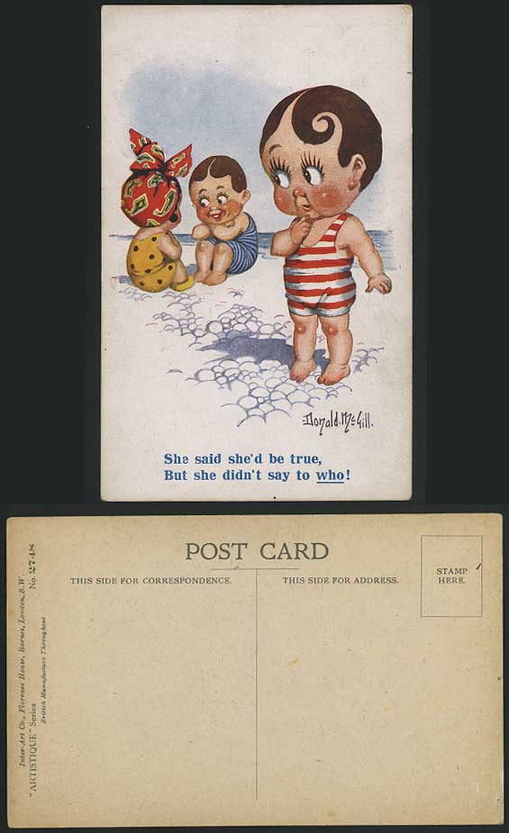 Donald McGill Artist Signed Old Postcard She'd be True Swimsuits 2748 Comic Boys