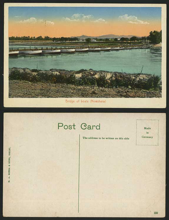 Pakistan Old Colour Postcard NOWSHERA, BRIDGE of BOATS & River Scene India