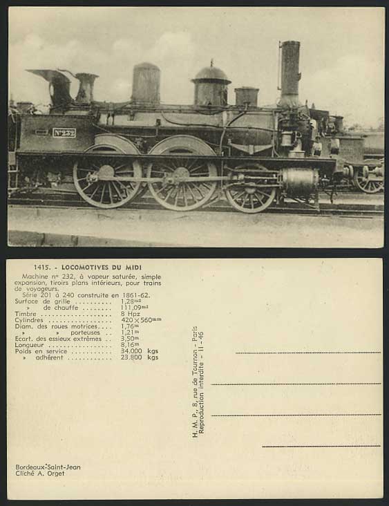 Locomotives du Midi Locomotive Train N.232 Old Postcard