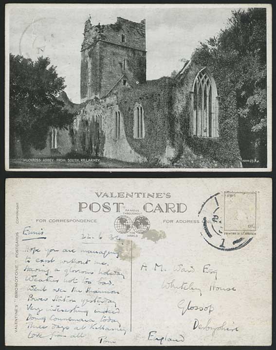 Killarney - MUCKROSS ABBEY from South 1934 Old Postcard