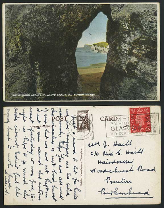 N Ireland Antrim 1938 Postcard WHITE ROCKS Wishing Arch