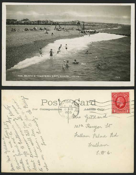 HOVE Sussex 1935 Old Postcard Beach & Western Esplanade