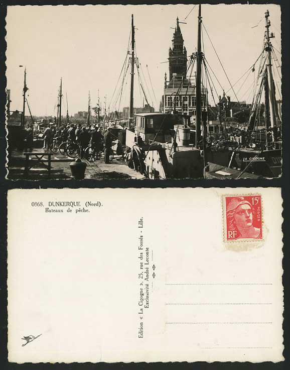 Dunkerque Fishing Boats Harbour Bicycle Old RP Postcard