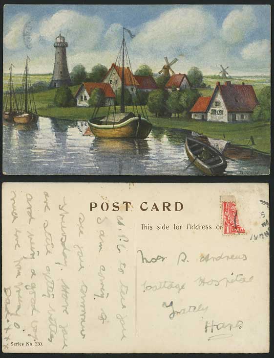 Lighthouse Boats & Windmills Old Artist Signed Postcard