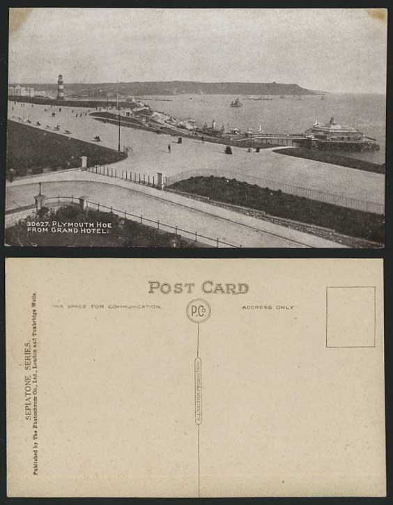 Plymouth Hoe from Grand Hotel - Lighthouse Old Postcard