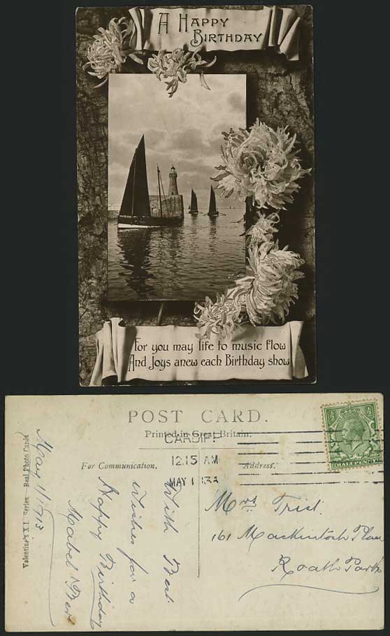 Sailing Boats Lighthouse Chrysanthemum 1913 RP Postcard