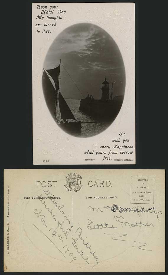 Sailing Boat Old Embossed RP Postcard Lighthouse Jetty