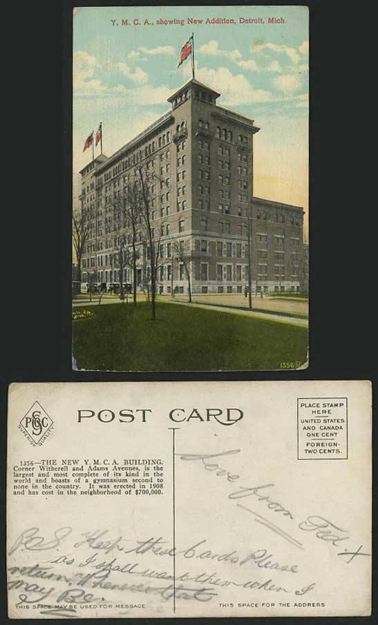 Y.M.C.A. New Addition, Detroit, Mich., USA Old Postcard