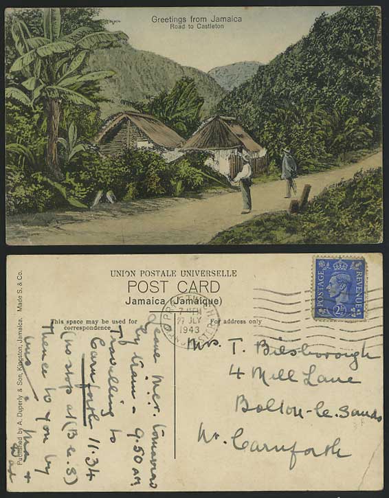 Jamaica 1943 Old Colour Postcard Road to Castleton Native Huts Houses