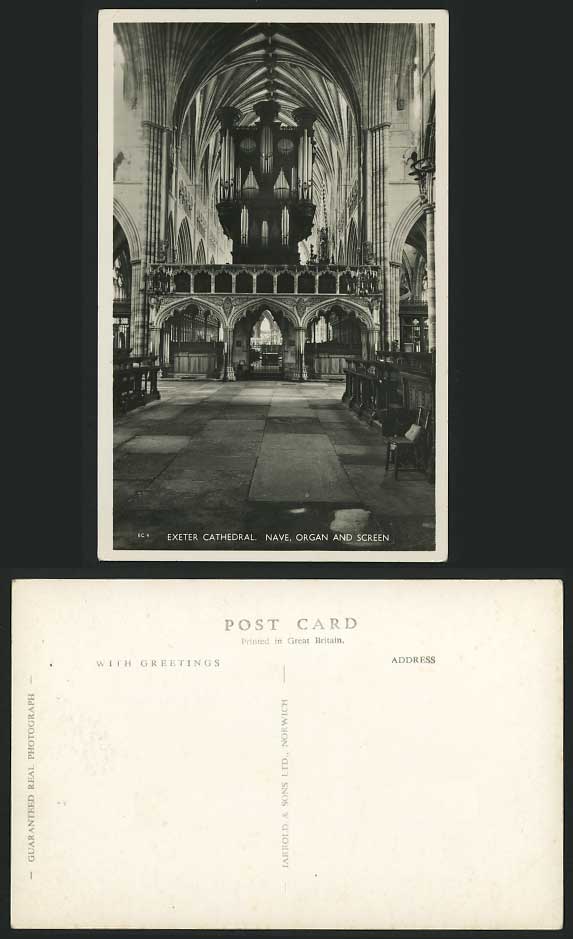 EXETER CATHEDRAL Old Postcard Nave PIPE ORGANS & Screen