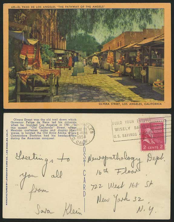 Los Angeles 1954 Old Postcard Olvera Street Market Path