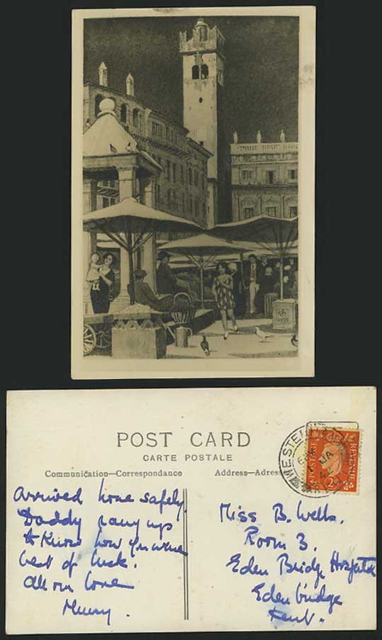 Art Artist Drawn 1942 Old Postcard Market Scene & Church Tower