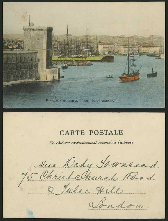 Marseilles Old Hand Tinted Postcard Vieux Port, Harbour