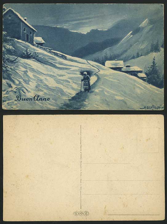 A. BERTIGLIA Artist Signed Old Postcard Buon Anno Snowy