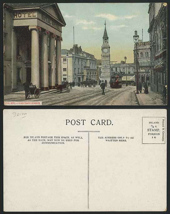 Plymouth ROYAL HOTEL Clock Tower TRAM Old Postcard Cart