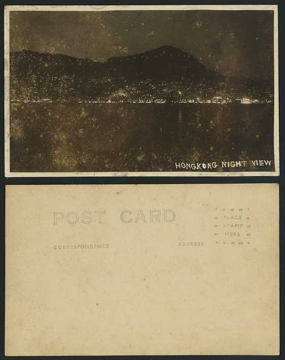 HONG KONG BY NIGHT c.1930 Old Real Photo Postcard Harbour View Hongkong China RP
