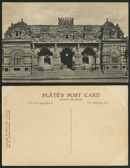 Ceylon Old Postcard Hindu Temple Colombo Sri Lanka Ceylan Plate Ltd. No.5