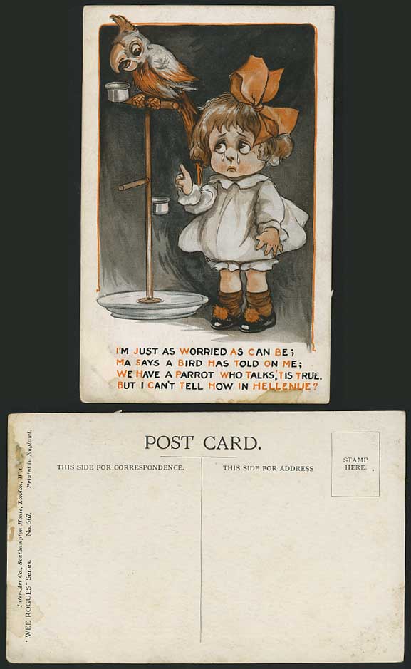 Parrot Bird Told On Little Girl Old Postcard Wee Rogues