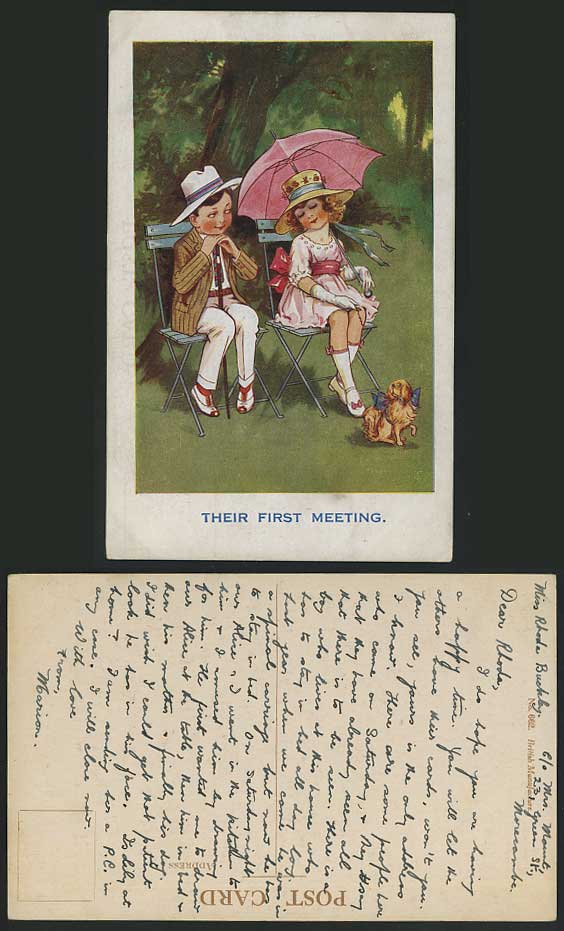 Dog, Puppy, Boy, Girl, Their First Meeting Old Postcard
