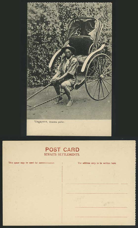 Singapore Old Postcard Native Malay Coolie & Rickshaw Rikisha Puller Malaya