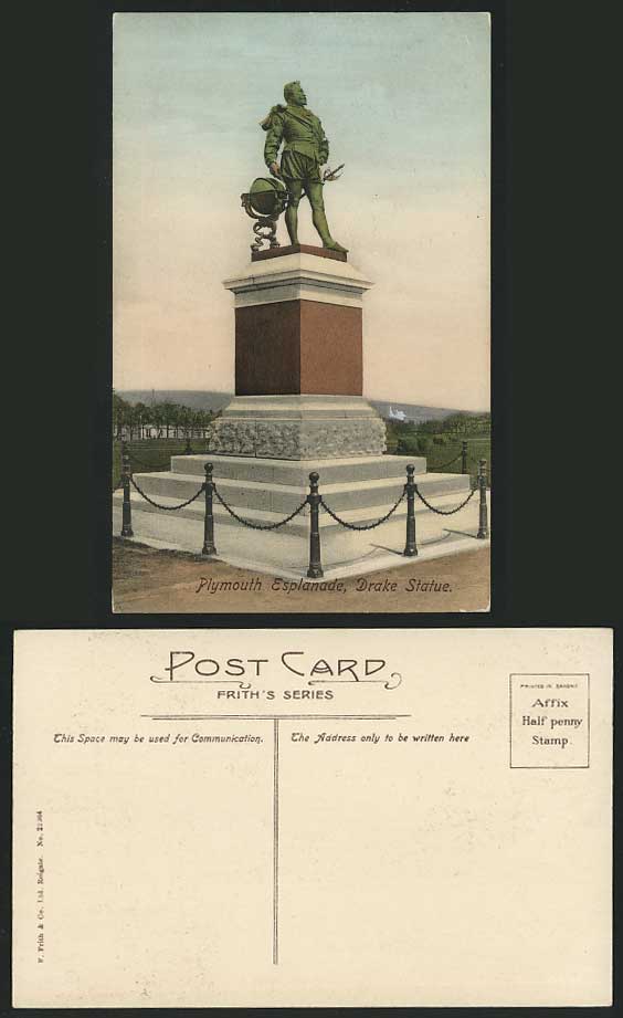 Plymouth Esplanade Old H. Tinted Postcard Drake Statue