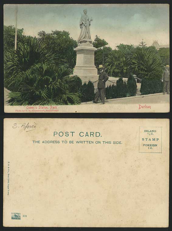 South Africa Old UB Postcard Queen's Statue Park Durban