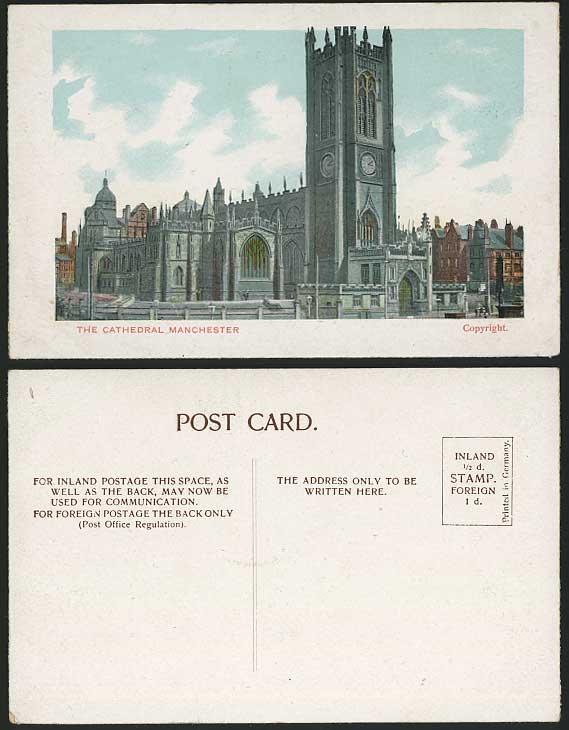 Manchester Cathedral - Clock Tower, Old Colour Postcard