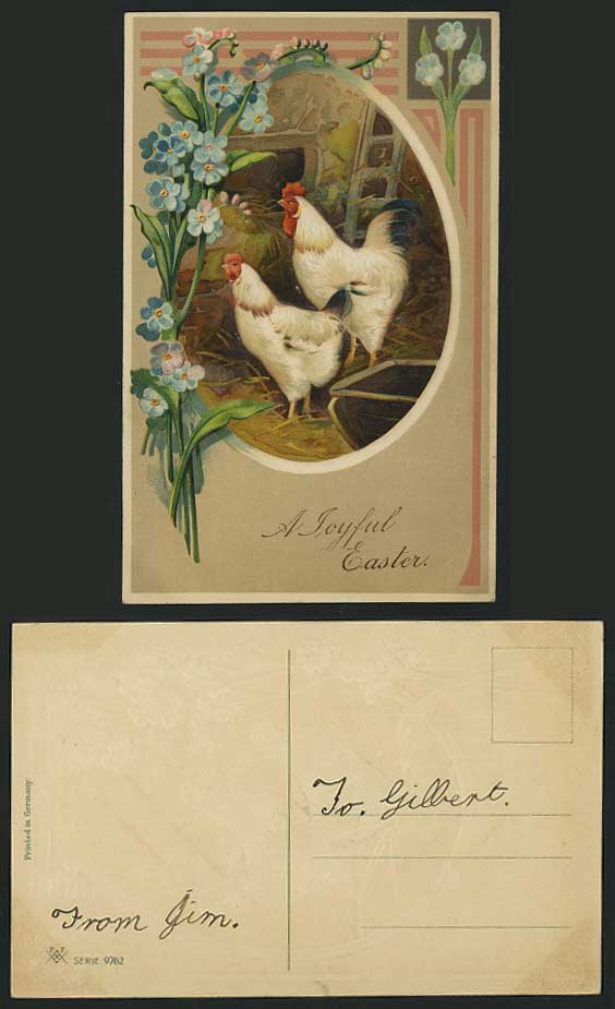 Rooster BIRD Flower Joyful Easter Old Embossed Postcard