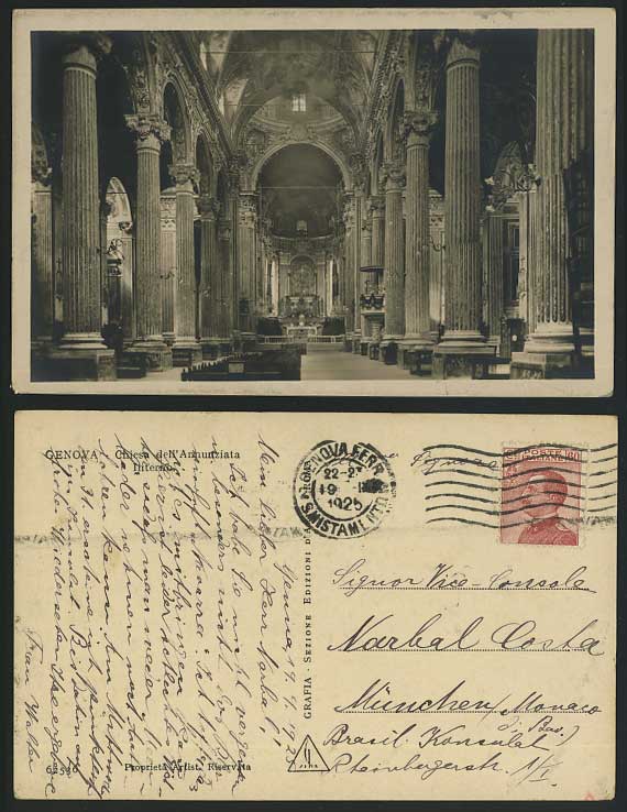 Italy 1925 Postcard GENOVA - Chiesa Annunziata Interior