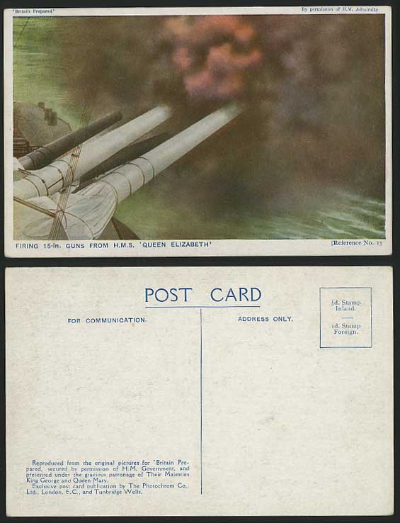 HMS Queen Elizabeth FIRING GUNS Old Postcard BATTLESHIP