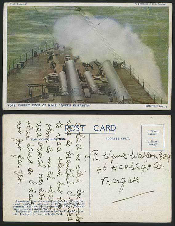 WW1 Fore Turret Deck of H.M.S. Queen Elizabeth Guns Warship Old Colour Postcard