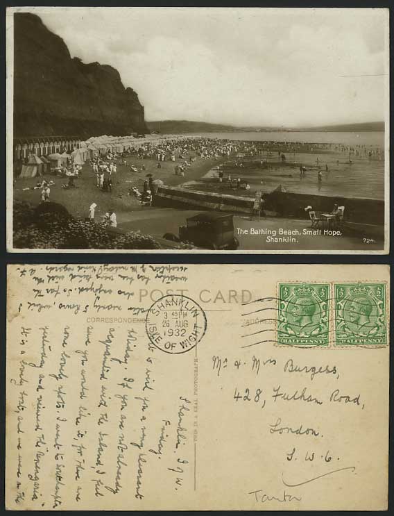 Shanklin IOW 1932 Old Postcard BATHING BEACH Small Hope